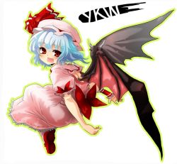 Rule 34 | 1girl, bat wings, blue hair, fang, female focus, from side, full body, hat, mob cap, outline, pantyhose, pink pantyhose, red eyes, remilia scarlet, solo, touhou, wings
