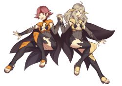 Rule 34 | 2girls, absurdres, alternate costume, asymmetrical bangs, blonde hair, bodystocking, breasts, bridal gauntlets, cape, cleavage, commission, commissioner upload, covered navel, eighteenetzel, fire emblem, fire emblem: the binding blade, fire emblem fates, gwendolyn (fire emblem), headband, high heels, highres, holding hands, multiple girls, nintendo, open mouth, ophelia (fire emblem), pantyhose, pink hair, thighhighs, toeless footwear, toeless legwear, turtleneck