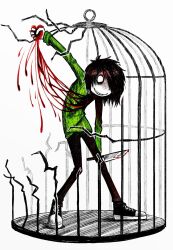 Rule 34 | 1boy, 2000s (style), black pants, blood, blood on chest, bloody knife, cage, emo, emo artstyle, emo boy, green shirt, hair over one eye, heart, highres, knife, original, pants, shirt, sketch, smile