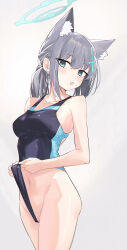 Rule 34 | 1girl, absurdres, animal ear fluff, animal ears, black one-piece swimsuit, blue archive, blue eyes, blue halo, breasts, commentary, competition swimsuit, cross hair ornament, extra ears, gradient background, green eyes, grey background, grey hair, hair ornament, halo, highres, looking at viewer, medium breasts, medium hair, navel, official alternate costume, one-piece swimsuit, open mouth, shiroko (blue archive), shiroko (swimsuit) (blue archive), solo, standing, swimsuit, thighs, xsan