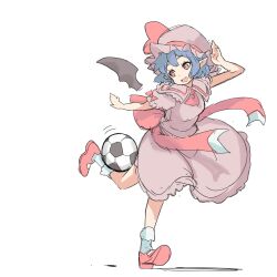 Rule 34 | 1girl, :d, ascot, ball, bat wings, bifidus (exkagerou8665), black wings, blue hair, bow, hat, hat ribbon, highres, one-hour drawing challenge, open mouth, pink shirt, pink skirt, pointy ears, red ascot, red bow, red eyes, red footwear, red ribbon, remilia scarlet, ribbon, shirt, simple background, skirt, smile, soccer ball, solo, touhou, waist bow, white background, wings