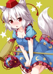 Rule 34 | 1girl, ambiguous red liquid, animal ear fluff, animal ears, blue dress, breasts, cleavage, collarbone, cosplay, crescent, dress, frilled dress, frilled sleeves, frills, hat, highres, inubashiri momiji, kine, mallet, red eyes, red hat, ruu (tksymkw), seiran (touhou), seiran (touhou) (cosplay), simple background, solo, star (symbol), sweatdrop, tail, tokin hat, touhou, white hair, wolf ears, wolf tail, yellow background