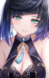 Rule 34 | 1girl, atychi, bare shoulders, black hair, blue hair, blunt bangs, blush, bob cut, breasts, cleavage, closed mouth, dice, earrings, genshin impact, green eyes, jewelry, large breasts, looking at viewer, mole, mole on breast, multicolored hair, purple hair, short hair, smile, solo, two-tone hair, upper body, yelan (genshin impact)