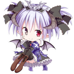 Rule 34 | 1girl, absurdres, black bow, black skirt, black sleeves, black thighhighs, boots, bow, brown footwear, character request, chibi, chouhakai!! barbarossa, cross-laced footwear, detached sleeves, frilled skirt, frilled sleeves, frills, full body, givuchoko, grey eyes, grey hair, grey wings, hair bow, heterochromia, highres, horns, knees up, lace-up boots, layered sleeves, long sleeves, pointy ears, puffy short sleeves, puffy sleeves, purple bow, red eyes, short over long sleeves, short sleeves, simple background, sitting, skirt, solo, thighhighs, thighhighs under boots, twintails, white background, wide sleeves, wings