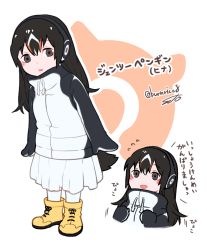 Rule 34 | 10s, 1girl, adapted costume, aged down, black hair, blush, boots, check translation, commentary request, flying sweatdrops, gentoo penguin (kemono friends), headphones, hood, hood down, hoodie, kemono friends, long hair, long sleeves, multicolored hair, multiple views, orange hair, partially translated, penguin tail, pleated skirt, seto (harunadragon), skirt, socks, tail, translation request, white hair