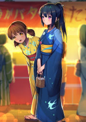 Rule 34 | 10s, 2girls, :d, bad id, bad pixiv id, bag, barefoot sandals (jewelry), black hair, blue kimono, blurry, blush, braid, breasts, brown hair, closed mouth, depth of field, eyebrows, festival, floral print, flower, geta, gloves, hair flower, hair ornament, hair stick, hibike! euphonium, highres, holding, holding bag, japanese clothes, kimono, kousaka reina, leaning forward, long hair, long sleeves, looking at viewer, multiple girls, no socks, obi, open mouth, oumae kumiko, pavement, ponytail, print kimono, sandals, sash, sidelocks, small breasts, smile, summer festival, twintails, wallpaper, wide sleeves, xiaosan ye, yellow kimono, yukata