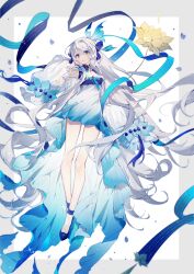 Rule 34 | 1girl, absurdres, arknights, blue dress, blue eyes, blue footwear, bug, butterfly, butterfly on head, dress, flower, full body, grey hair, highres, insect, long hair, long sleeves, looking at viewer, mulberry (arknights), qianqianjie, shoes, simple background, solo, very long hair, yellow flower