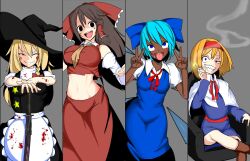 Rule 34 | 4girls, ahegao, alice margatroid, annyui (cookie), apron, asymmetrical legwear, black eyes, black headwear, black skirt, black vest, blonde hair, blood, blood on clothes, blood on face, blue bow, blue dress, blue eyes, blue hair, blush, boots, bow, bowtie, braid, breasts, brown footwear, brown necktie, capelet, chair, cirno, collared capelet, collared shirt, column lineup, commentary request, constricted pupils, cookie (touhou), dark-skinned female, dark skin, detached sleeves, double v, dress, empty eyes, feet out of frame, flat chest, frilled bow, frilled hair tubes, frills, grey background, grin, hair bow, hair tubes, hairband, hakurei reimu, hat, highres, holding, holding sword, holding weapon, impossible clothes, impossible shirt, katana, kirisame marisa, large breasts, long hair, looking at viewer, medium breasts, midriff, multiple girls, mutsurai rempo, necktie, noel (cookie), one eye closed, open mouth, pinafore dress, red bow, red bowtie, red hairband, red sash, red skirt, sash, shaded face, sharp teeth, shirt, short sleeves, side braid, single braid, sitting, skirt, skirt set, sleeveless, sleeveless dress, sleeveless shirt, smile, star (symbol), suzu (cookie), sword, taisa (cookie), teeth, touhou, uneven legwear, unusually open eyes, upturned eyes, v, vest, waist apron, weapon, white apron, white capelet, white sleeves, witch hat