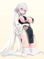 Rule 34 | 1girl, absurdres, azur lane, blush, breast curtains, breasts, breasts out, china dress, chinese clothes, covered erect nipples, dress, garter straps, gloves, grey dress, half gloves, highres, kneeling, large breasts, looking at viewer, momihige, open mouth, panties, pelvic curtain, red eyes, revealing clothes, see-through, see-through sleeves, short hair, simple background, sirius (azur lane), sirius (azure horizons) (azur lane), solo, thighhighs, two-tone leotard, underwear, white gloves, white hair, white panties, white thighhighs, yellow background
