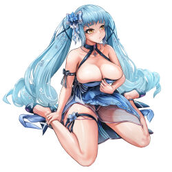 Rule 34 | 1girl, absurdres, arm strap, black panties, blue dress, blue hair, blush, breasts, cleavage, dress, drill hair, flower, galgo (awokenisfear), goddess of victory: nikke, hair flower, hair ornament, hair ribbon, halter dress, halterneck, high heels, highres, large breasts, light blue hair, long hair, panties, privaty (banquet princess) (nikke), privaty (nikke), ribbon, simple background, sitting, solo, thigh strap, twintails, underwear, very long hair, wariza, white background, yellow eyes