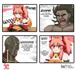 Rule 34 | 1girl, 2boys, :3, animal ear fluff, animal ears, animal hands, bare shoulders, bell, blush, breasts, cat paws, cleavage, collar, collarbone, darius iii (fate), dark skin, detached sleeves, english text, engrish text, fate/grand order, fate/stay night, fate (series), fox ears, fox girl, fox tail, gloves, hair ribbon, heracles (fate), heterochromia, highres, jingle bell, keita naruzawa, large breasts, long hair, multiple boys, muscular, neck bell, open mouth, paw gloves, pink hair, ponytail, ranguage, red eyes, red ribbon, ribbon, speech bubble, tail, tamamo (fate), tamamo cat (fate), tamamo cat (first ascension) (fate), tattoo, yellow eyes