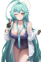 Rule 34 | 1girl, absurdres, abydos high school swimsuit, ahoge, black gloves, black one-piece swimsuit, blue archive, blush, breasts, cleavage, closed mouth, cowboy shot, gloves, green hair, halo, highres, huge ahoge, large breasts, long hair, long sleeves, looking at viewer, mella (mell a12), one-piece swimsuit, open clothes, open shirt, school swimsuit, shirt, simple background, smile, solo, swimsuit, v, white background, white shirt, yellow eyes, yellow halo, yume (blue archive)