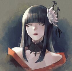 Rule 34 | 1girl, artist name, bare shoulders, bat hair ornament, black collar, black eyeshadow, black hair, blunt bangs, blunt ends, collar, collarbone, epiphyllum, eyeliner, eyeshadow, final fantasy, final fantasy xiv, flower, green background, hair flower, hair ornament, hair stick, highres, hime cut, hyur, japanese clothes, kimono, lace collar, long hair, looking at viewer, makeup, mole, mole under eye, nashi (ns s), off shoulder, parted lips, portrait, red lips, signature, solo, straight hair, two-tone background, white eyes, white flower, yotsuyu goe brutus