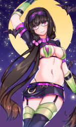 Rule 34 | 1girl, bat (animal), black hair, blush, boots, breasts, cosplay, fate/grand order, fate (series), florence nightingale (fate), florence nightingale (fate) (cosplay), florence nightingale (trick or treatment) (fate), florence nightingale (trick or treatment) (fate) (cosplay), garter straps, glasses, gloves, hair ornament, hairband, highres, holding, long hair, looking at viewer, low twintails, medium breasts, navel, official alternate costume, origami, osakabehime (fate), pink eyes, revealing clothes, shirotsuki (pixiv22818137), shrug (clothing), smile, solo, thigh boots, thighhighs, twintails, very long hair