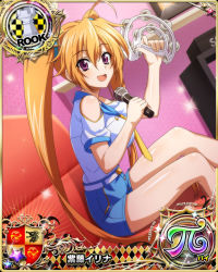 Rule 34 | 1girl, breasts, card (medium), chess piece, high school dxd, large breasts, long hair, looking at viewer, microphone, official art, purple eyes, rook (chess), shidou irina, sitting, smile, twintails