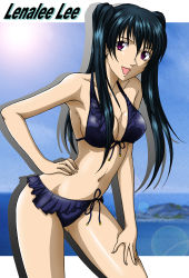 Rule 34 | 1girl, bikini, black bikini, black hair, breasts, character name, cleavage, d.gray-man, hanzou, lenalee lee, long hair, looking at viewer, navel, open mouth, simple background, solo, swimsuit