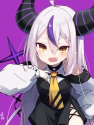 Rule 34 | 1girl, :d, ahoge, amagasa nadame, bare shoulders, black dress, blush, braid, braided bangs, brown eyes, commentary request, demon horns, demon tail, dress, fang, hair between eyes, hand up, highres, hololive, horns, la+ darknesss, long hair, long sleeves, looking at viewer, multicolored hair, open mouth, pointy ears, puffy long sleeves, puffy sleeves, purple background, purple hair, signature, simple background, sleeves past wrists, smile, solo, streaked hair, tail, very long hair, virtual youtuber, white hair
