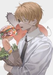 Rule 34 | 1boy, animal, animal on shoulder, bag, black necktie, blonde hair, bread, chainsaw, chainsaw man, collared shirt, denji (chainsaw man), eyepatch, fangs, food, grocery bag, highres, holding, holding food, imminent bite, manfung, necktie, open mouth, pochita (chainsaw man), sharp teeth, shirt, shopping bag, short hair, simple background, solo focus, teeth, vegetable, white background, white shirt, yellow eyes
