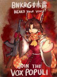 Rule 34 | 1girl, ak-47, ascot, assault rifle, benikurage (cookie), bioshock, bioshock (series), bioshock infinite, bow, breasts, brown eyes, brown hair, checkered clothes, checkered scarf, commentary request, cookie (touhou), detached sleeves, dress, english text, fang, feet out of frame, frilled bow, frilled hair tubes, frills, gun, hair bow, hair tubes, hakurei reimu, highres, holding, holding gun, holding weapon, kalashnikov rifle, looking at viewer, medium breasts, medium hair, mittens, open mouth, orange scarf, parody, parted bangs, poster (medium), reaching, reaching towards viewer, red bow, red dress, red mittens, red skirt, ribbon-trimmed sleeves, ribbon trim, rifle, sarashi, scarf, shavin65, sidelocks, skin fang, skirt, sleeveless, sleeveless dress, solo, touhou, weapon, white sleeves, wide sleeves, yellow ascot, yellow scarf