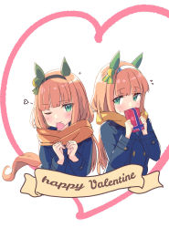 Rule 34 | 2girls, animal ears, black hairband, blue coat, blunt bangs, blush, chocomoch, closed mouth, coat, commentary, cursive, dual persona, ear covers, english text, flying sweatdrops, fringe trim, gift, green eyes, hairband, happy valentine, heart, heart hands, highres, hime cut, holding, holding gift, horse ears, horse girl, long hair, long sleeves, looking at viewer, mouth hold, multiple girls, one eye closed, orange hair, orange scarf, scarf, silence suzuka (umamusume), smile, umamusume, valentine, white hairband