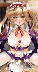 Rule 34 | 1girl, absurdres, alternate costume, apron, blonde hair, blush, breasts, cleavage, commentary request, dress, enmaided, food, fruit, hair between eyes, hair ribbon, highres, ken (coffee michikusa), large breasts, long hair, looking at viewer, maid, maid apron, maid headdress, open mouth, plate, purple dress, red ribbon, ribbon, sexually suggestive, strawberry, suggestive fluid, tearing up, tears, thighs, touhou, white legwear, wrist ribbon, yakumo yukari, yellow eyes