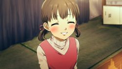 Rule 34 | 1girl, ^ ^, blurry, blurry background, blush, brown hair, closed eyes, curtains, depth of field, doujima nanako, dress, facing viewer, hair ribbon, highres, huge filesize, indoors, long hair, low twintails, misaki nonaka, parted lips, persona, persona 4, pink dress, pink ribbon, ribbon, shirt, sleeveless, sleeveless dress, smile, solo, tatami, turtleneck, twintails, upper body, white shirt
