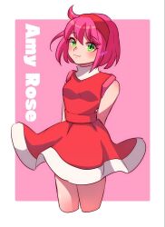 Rule 34 | 1girl, :3, ahoge, amy rose, arms behind back, bare arms, blush, border, breasts, character name, cowboy shot, dress, english text, green eyes, hair between eyes, hairband, highres, humanization, looking ahead, medium bangs, medium breasts, nonoworks, pink background, pink hair, red dress, red hairband, shiny skin, short dress, short hair, signature, simple background, sleeveless, sleeveless dress, solo, sonic (series), standing, swept bangs, thighs, watermark, white border, wind, wind lift