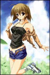 Rule 34 | 1girl, :p, ahoge, bare shoulders, belt, brown eyes, brown hair, camisole, cloud, day, denim, denim shorts, food, framed, groin, jacket, leg up, long sleeves, looking at viewer, open clothes, open fly, open jacket, original, outdoors, panties, popsicle, shinya puu, short hair, short shorts, shorts, socks, solo, standing, standing on one leg, tongue, tongue out, unbuckled, open belt, unbuttoned, underwear, unzipped, white panties