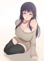 Rule 34 | 1girl, :o, arm support, arm up, artist name, asymmetrical clothes, bare shoulders, black hair, black thighhighs, blush, breasts, brown sweater, cleavage, collarbone, folait, grabbing own breast, large breasts, long hair, long sleeves, looking at viewer, off shoulder, open mouth, original, purple eyes, sitting, solo, sweater, teeth, thighhighs, yokozuwari