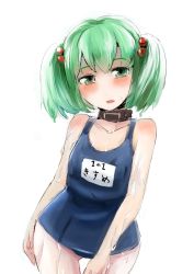 Rule 34 | 1girl, collar, animal collar, green eyes, green hair, hair bobbles, hair ornament, kisume, one-piece swimsuit, school swimsuit, short hair, sinzan, standing, swimsuit, touhou, twintails