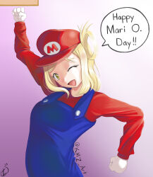 Rule 34 | 1girl, absurdres, anniversary, blonde hair, cosplay, gloves, grin, hand up, hat, highres, looking at viewer, love live!, love live! sunshine!!, mario, mario (cosplay), mario (series), nintendo, ohara mari, one eye closed, overalls, rurounizel, smile, speech bubble, standing, super mario bros. 1, wink, yellow eyes