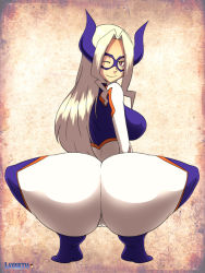 Rule 34 | 10s, 1girl, artist name, ass, blonde hair, bodysuit, boku no hero academia, breasts, cameltoe, closed mouth, domino mask, from behind, gradient background, happy, horns, huge ass, large breasts, layerth, long hair, looking at viewer, looking back, mask, mount lady, one eye closed, purple eyes, sideboob, sitting, skin tight, smile, solo, squatting, wink