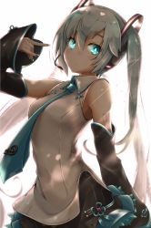 Rule 34 | 1girl, akino coto, aqua eyes, aqua hair, aqua nails, aqua necktie, backlighting, bare shoulders, black skirt, black sleeves, chinese clothes, commentary, detached sleeves, expressionless, frilled skirt, frills, hair ornament, hand up, hatsune miku, hatsune miku (vocaloid4) (chinese), headphones, headset, highres, long hair, looking at viewer, \\n/, nail polish, necktie, shirt, shoulder tattoo, skirt, sleeveless, sleeveless shirt, solo, tassel, tattoo, twintails, very long hair, vocaloid, white background, white shirt