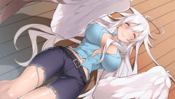 Rule 34 | 1girl, ahoge, artist request, bird legs, blue shirt, blush, breasts, breasts apart, earrings, closed eyes, feathered wings, feathers, game cg, harpy, haru (monster musume), jewelry, large breasts, long hair, looking at viewer, lying, midriff peek, monster girl, monster musume no iru nichijou, monster musume no iru nichijou online, navel, official art, on back, on floor, pants, pointy ears, shirt, smile, solo, talons, torn clothes, torn pants, very long hair, white hair, white wings, winged arms, wings, yellow eyes