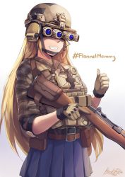 Rule 34 | ammunition pouch, belt, blonde hair, blue skirt, chin strap, ear protection, elbow pads, english text, flannel, girls&#039; frontline, gloves, gun, gun sling, hashtag, headset, helmet, highres, hiroki ree, holding, holding gun, holding weapon, load bearing equipment, long hair, m1 garand, m1 garand (girls&#039; frontline), microphone, night-vision device, bulletproof vest, pleated skirt, pouch, rifle, shirt, simple background, skirt, sleeves rolled up, smile, teeth, trigger discipline, weapon, white background, wide field of view device, wire
