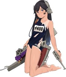 Rule 34 | 1girl, barefoot, black hair, feet, full body, i-400 (kancolle), kantai collection, long hair, lowres, official art, one-piece swimsuit, one-piece tan, shibafu (glock23), solo, swimsuit, tan, tanline, torn clothes, torn swimsuit, transparent background, white background