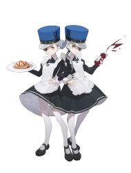 Rule 34 | 2girls, alternate costume, apron, black dress, black footwear, blue headwear, braid, buttons, cabbie hat, caroline (persona 5), closed mouth, collared dress, commentary request, doughnut hair bun, dress, enmaided, eyepatch, food, full body, grey hair, grin, hair bun, hat, highres, holding, holding plate, justine (persona 5), ketchup, ketchup bottle, locked arms, long sleeves, looking back, maid, maid apron, multiple girls, omelet, persona, persona 5, plate, shoes, siblings, simple background, single braid, sisters, smile, thighhighs, twins, white apron, white background, white thighhighs, yellow eyes, yimi (christi72220862)