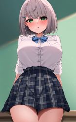 Rule 34 | 1girl, black skirt, blue bow, blue bowtie, blush, bow, bowtie, braid, collared shirt, diagonal stripes, facing viewer, green eyes, grey hair, highres, hololive, mikumineko, official alternate costume, parted lips, plaid, plaid skirt, pleated skirt, school uniform, shirogane noel, shirogane noel (school uniform), shirt, shirt tucked in, short hair, skirt, sleeves rolled up, solo, striped, virtual youtuber, white shirt