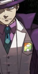 Rule 34 | 1boy, black eyes, black hair, buttons, closed mouth, coat, collared shirt, commentary request, creatures (company), game freak, giovanni (pokemon), giovanni (sygna suit) (pokemon), green necktie, hat, highres, jacket, logo, looking at viewer, male focus, necktie, nintendo, official alternate costume, oyu no mizuwari, pokemon, pokemon masters ex, purple coat, purple hat, purple shirt, shirt, short hair, smile, solo, team rainbow rocket, upper body, vest, white jacket, white vest