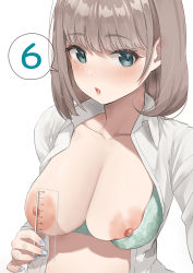 Rule 34 | 1girl, :o, absurdres, areola measuring, aumann, blue eyes, blue nails, blush, bra, bra pull, breasts, brown hair, bust measuring, cleavage, clothes pull, collarbone, collared shirt, green bra, highres, holding, large areolae, large breasts, looking at viewer, measuring, nail polish, navel, nipple slip, nipples, one breast out, open clothes, open mouth, open shirt, original, ruler, shirt, short hair, simple background, solo, speech bubble, spoken number, underwear, upper body, white background, white shirt