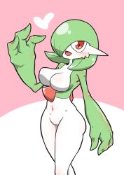 Rule 34 | 1girl, arm at side, blush, bob cut, breasts, cleft of venus, colored skin, completely nude, creatures (company), female focus, game freak, gardevoir, gen 3 pokemon, green hair, green skin, groin, hair over one eye, hand up, happy, heart, kazamidoririnn, looking at viewer, medium breasts, multicolored skin, navel, nintendo, no nipples, nude, one eye covered, open mouth, personification, pink background, pokemon, pokemon (creature), pussy, red eyes, shiny skin, short hair, simple background, smile, solo, standing, stomach, thighs, two-tone background, two-tone skin, uncensored, variant set, white skin