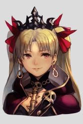 Rule 34 | 1girl, blonde hair, bow, cape, collarbone, detached collar, earrings, ereshkigal (fate), fate/grand order, fate (series), gold trim, hoop earrings, hungry clicker, infinity symbol, jewelry, lips, necklace, purple eyes, red bow, red cape, red ribbon, ribbon, simple background, skull, solo, tiara, twintails, upper body