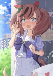 Rule 34 | 1girl, absurdres, animal ears, blurry, blurry background, breasts, commentary request, envelope, fence, highres, horse ears, horse girl, letter, looking at viewer, love letter, medium breasts, medium hair, nice nature (umamusume), open mouth, pov, pov hands, red hair, ribbon, school uniform, sevlhd hero, solo, tracen school uniform, umamusume, wall