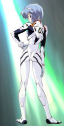 Rule 34 | 1girl, ass, ayanami rei, blue hair, flat ass, full body, highres, interface headset, looking back, neon genesis evangelion, official art, pale skin, pinup (style), plugsuit, red eyes, short hair, skinny, solo