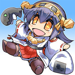 Rule 34 | 1girl, abyssal ship, blue background, chibi, commentary request, detached sleeves, food, gradient background, green eyes, grey hair, hair between eyes, haruna (kancolle), headgear, hisahiko, i-class destroyer, japanese clothes, kantai collection, long hair, long sleeves, nontraditional miko, onigiri, open mouth, orange eyes, outstretched arms, pillow, red skirt, skirt, smile, solo, spread arms, star-shaped pupils, star (symbol), symbol-shaped pupils, thighhighs, wide sleeves