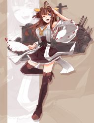 Rule 34 | 10s, 1girl, ahoge, bare shoulders, blue eyes, boots, brown hair, detached sleeves, double bun, hair ornament, hairband, headgear, highres, japanese clothes, kamo (yokaze), kantai collection, kongou (kancolle), long hair, nontraditional miko, one eye closed, open mouth, personification, pleated skirt, salute, skirt, solo, thigh boots, thighhighs, wink, zettai ryouiki, zoom layer
