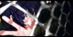 Rule 34 | 1girl, absurdres, black eyes, blue hair, blurry, blurry background, blurry foreground, chain-link fence, chromatic aberration, close-up, fence, gerar dc, hair between eyes, highres, looking at viewer, open mouth, original, outdoors, scenery, solo, upper body
