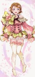 Rule 34 | 1girl, artist name, artist request, bare shoulders, blush, boots, bow, breasts, brown hair, cherry blossoms, dress, female focus, flower, frilled dress, frills, full body, green thighhighs, hair between eyes, hair flower, hair ornament, heart, heart hair ornament, highres, holding, japanese clothes, kimono, knee boots, koizumi hanayo, lolita fashion, long hair, looking at viewer, love live!, love live! school idol festival, love live! school idol project, medium breasts, parted lips, pearl hair ornament, petals, pink kimono, purple eyes, shirokagi tsukito, short hair, skirt, solo, staff, striped clothes, striped skirt, thighhighs, wa lolita, white thighhighs, yagasuri