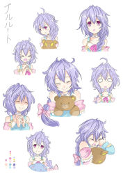 &gt;_&lt; 10s 1girl braid closed_eyes crying female_focus highres long_hair looking_at_viewer neptune_(series) pink_eyes purple_hair pururut sketch smile solo source_request stuffed_animal stuffed_toy teddy_bear yurax-mae