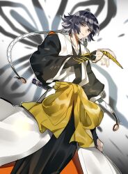 Rule 34 | 1girl, absurdres, belt, black hair, black kimono, bleach, blunt bangs, closed mouth, cowboy shot, hair ornament, hand up, highres, japanese clothes, katana, kimono, looking at viewer, looking down, purple eyes, sleeveless haori, solo, standing, sui-feng, sword, weapon, white background, white haori, xi luo an ya, yellow belt